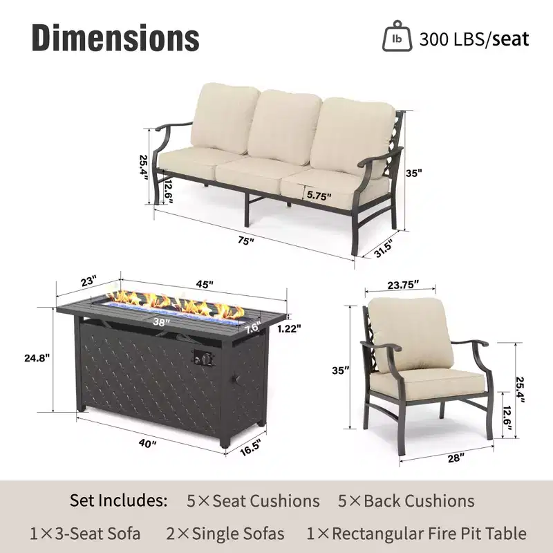 Captiva Designs 4pc Metal Patio Outdoor Conversation Fire Pit Set with Grid-back Armchairs for Garden, Poolside, Backyard