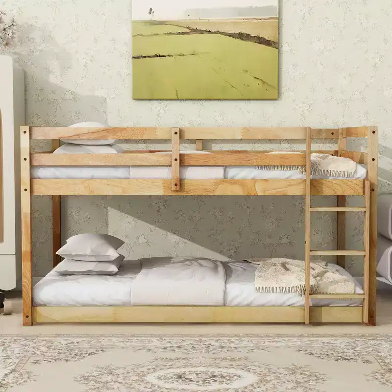 Okak 77.3IN Twin-Over-Twin Floor Bunk Bed with Ladder, Twin Bed with Guardrail and Strengthened Slats, Bed Frames for Kids Room, Gaming Room, Natural