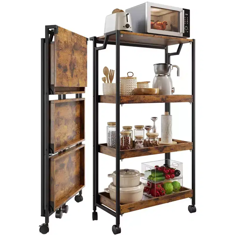 COZONY 4-Tier Wooden Folding Storage Shelf Cart - Expandable Kitchen Organizer with Locking Wheels, Heavy Duty Garage Shelving, 100 Lbs Load Capacity