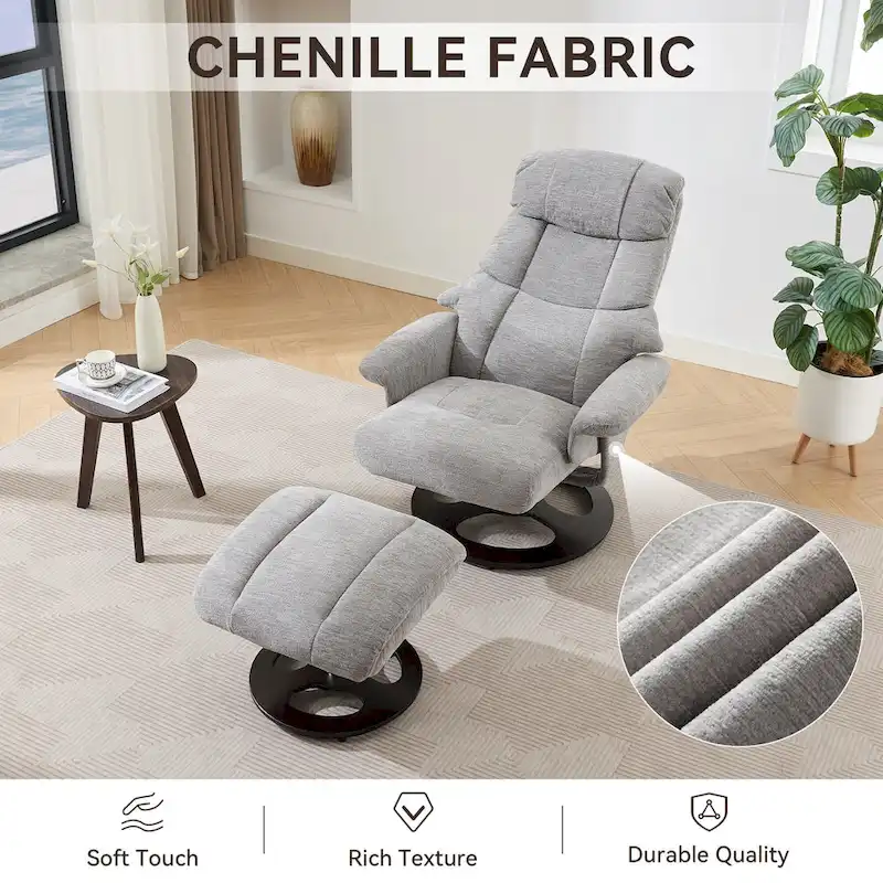 Heated Massage Armchair Chenille Fabric Seating Swivel Recliner Chair with Ottoman, Adjustable Backrest and Remote