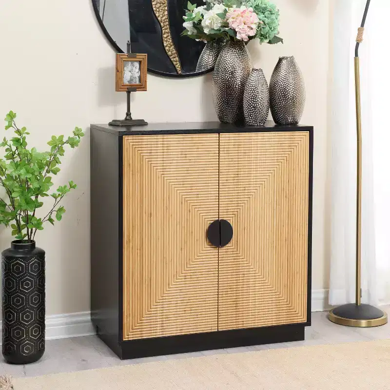 LuxenHome Modern Boho 2-Door Black Accent Cabinet with Bamboo Strips Brown