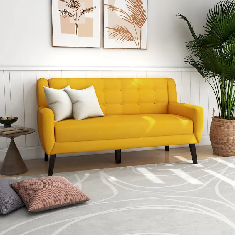 Tufted Linen/Cotton 2-Seater Sofa with Pillows