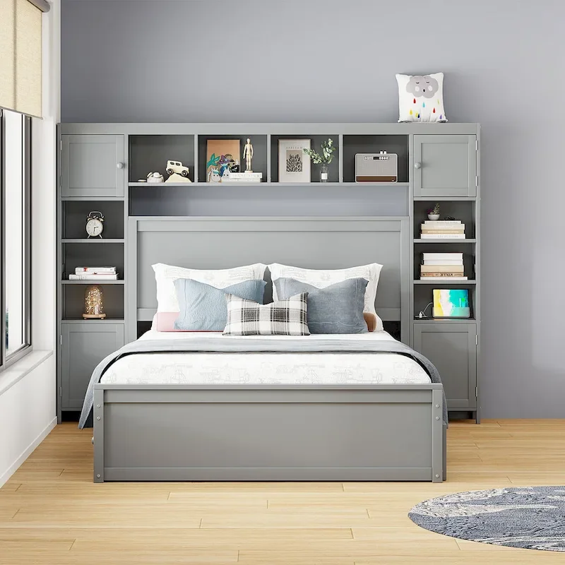 Queen Size Wooden Bed With All-in-One Cabinet
