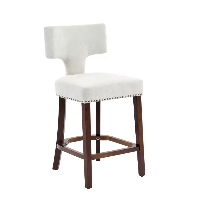 Set of 2 Mid Century Counter Height Bar Stools, Farmhouse Linen Fabric Upholstered Kitchen Accent Chair Curved Backrest
