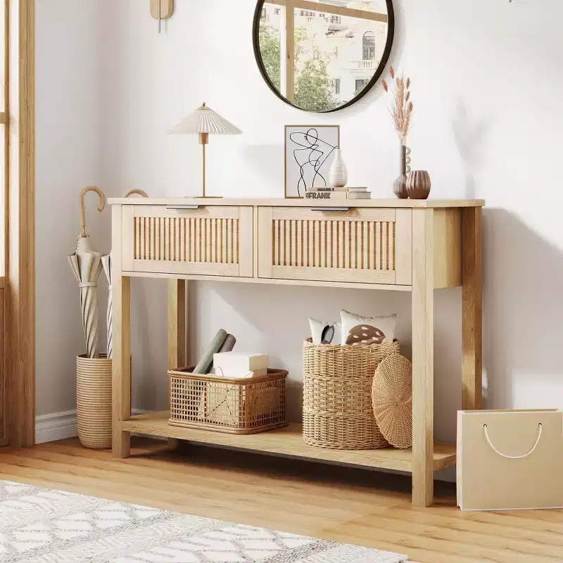 43 Farmhouse Console Table C 2-Drawer & 2-Tier Sofa Table (Burlywood, for Living Room/Entryway)