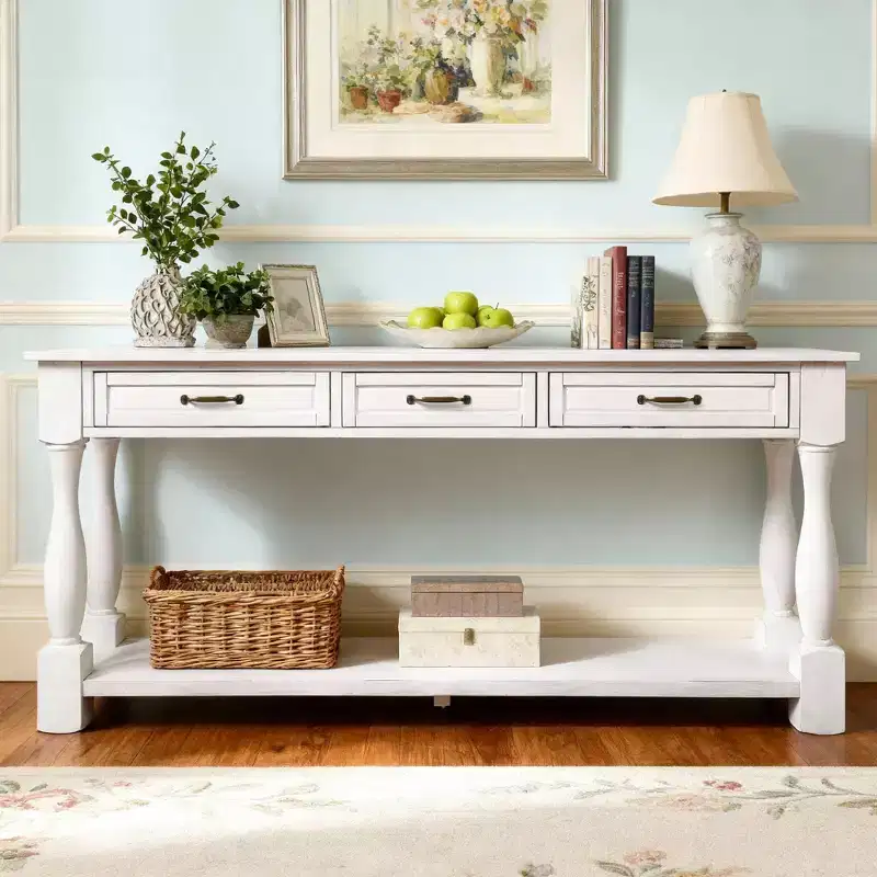 Hostack 63'' Long Wood Console Table with 3 Drawers and 1 Bottom Shelf for Entryway and Hallway, Antique White