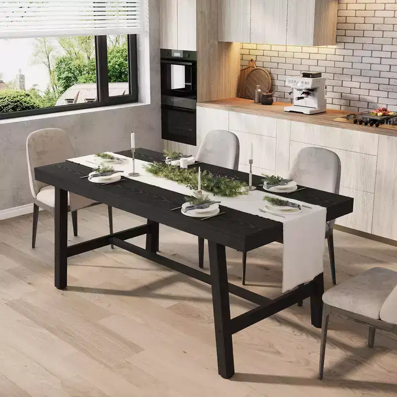 Industrial Dining Table with Metal Frame, Long Kitchen Table for Dining Room or Kitchen