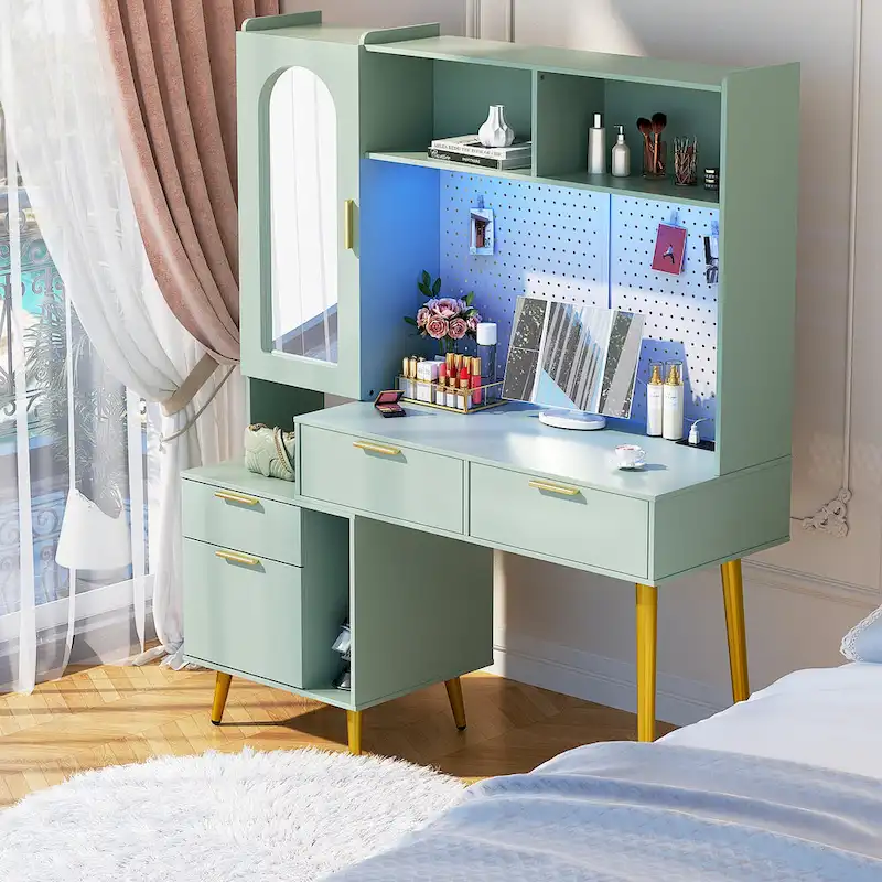 Makeup Vanity with Pegboard and Hutch, Bedroom Vanity Table with Charge Station and LED Light - N/A