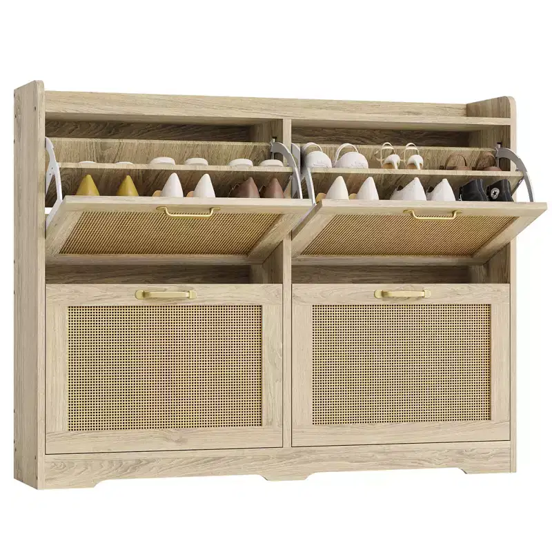 Garvee Rattan Shoe Storage Cabinet with 4 Flip Drawers, Hidden Shoe Storage Organizer Cabinet, Wide Freestanding Wood Breathable Shoe Rack Cabinet