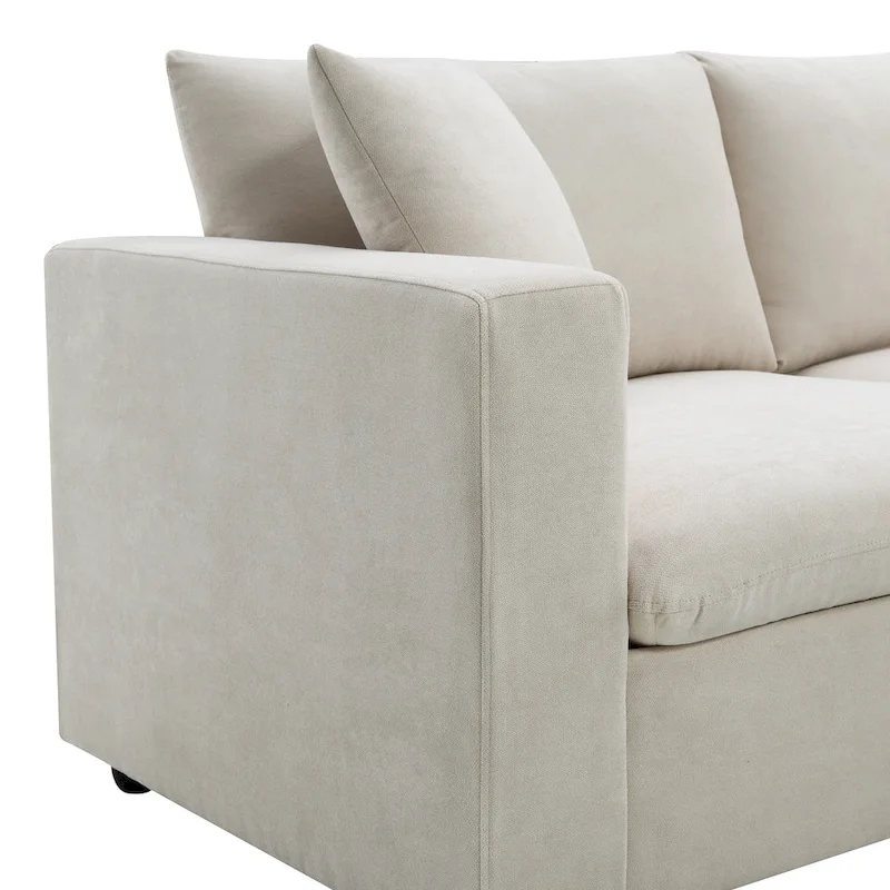 L-shaped Polyester Fabric Couch Set with 2 Free Pillows and Convertible Ottoman