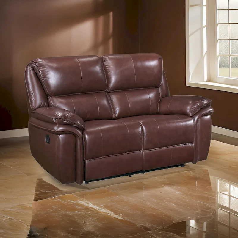 Jack 66 Inch Manual Recliner Loveseat, Plush Brown Top Grain Leather, Wood
