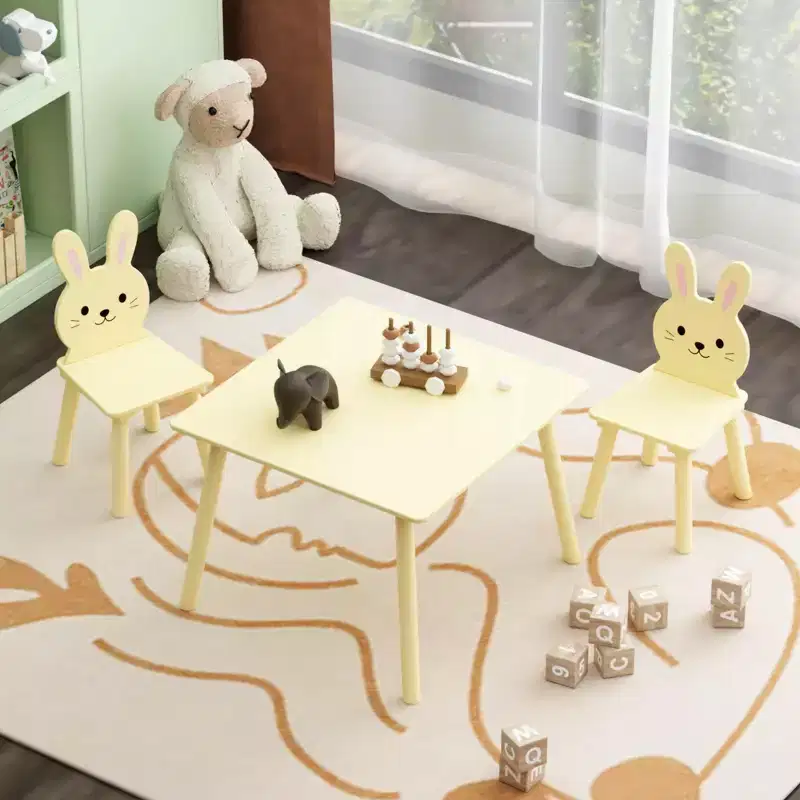 Kids Table and Chair Set with 2 Bunny Chairs, Children's Wooden Activity Table for Toddlers, Cute Animal Design Study Play Set for Playroom