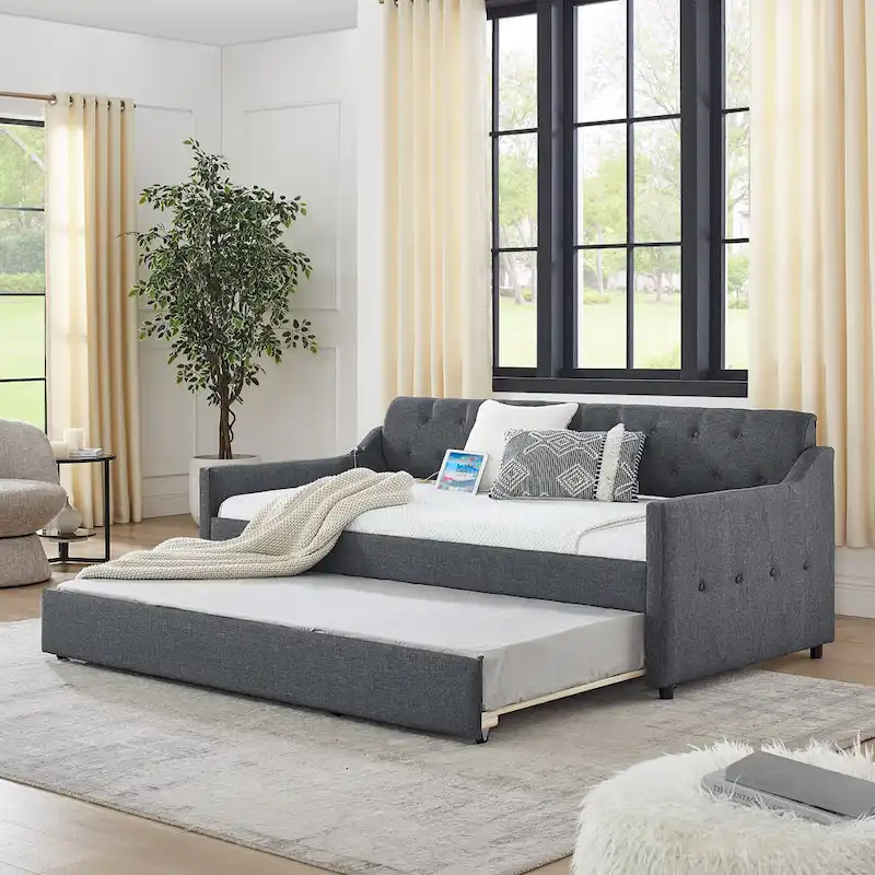 Twin Size Upholstery DayBed with Twin Size Erectable Trundle and USB Charging Design