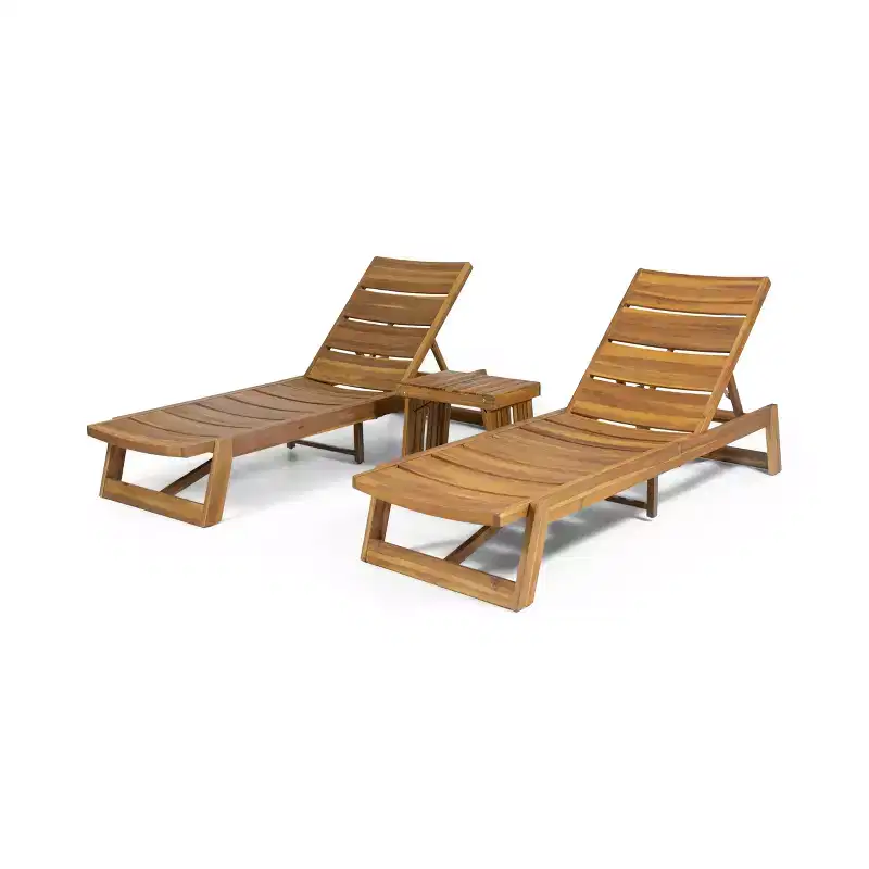 GDFStudio Karyme Outdoor Acacia Wood 3 Piece Chaise Lounge Chat Set, Teak
