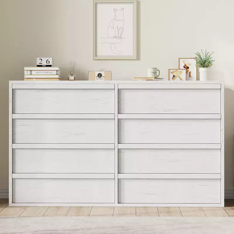 8 Drawer Dresser for Bedroom, 54 White Double Dresser Organizer with Concave Handle, Modern Chest of Drawer for Bedroom Living Room Nursery
