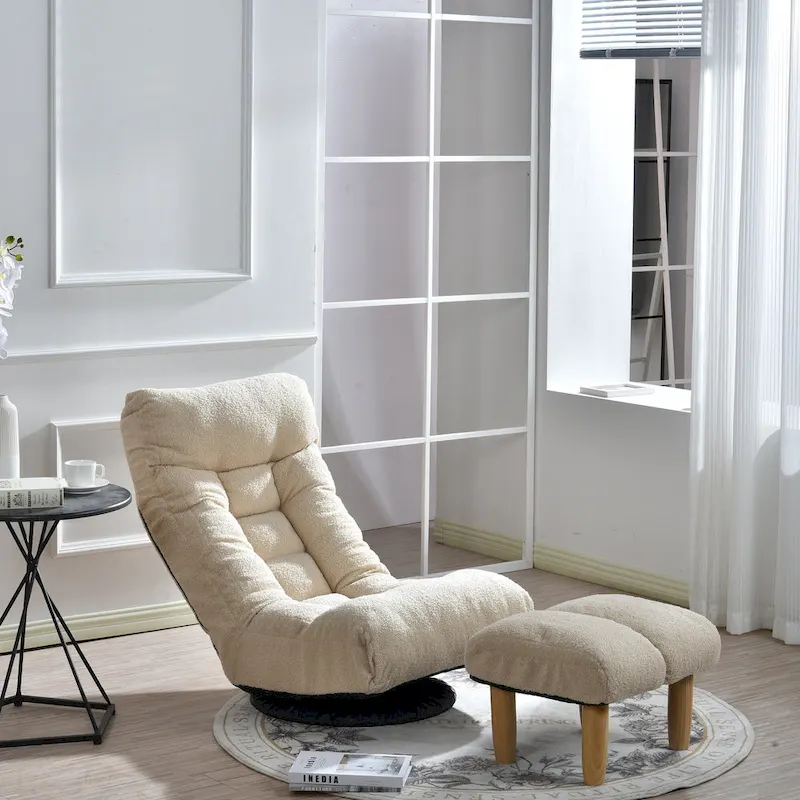 Beige Boucle Upholstered 360 Swivel Armless Manual Leisure Recliner Set with Ottoman, Adjustable Headrest and Backrest