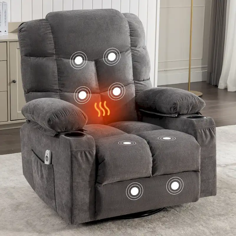 Grey Oversized Rocker Recliner with Heat & USB Charging