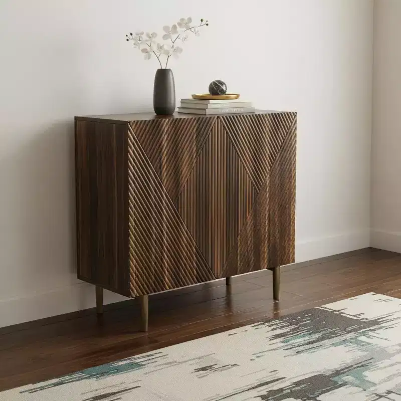 Wood Carved Geometric Sideboard with 2 Doors & Drawer, Walnut Brown, 31W x 31H