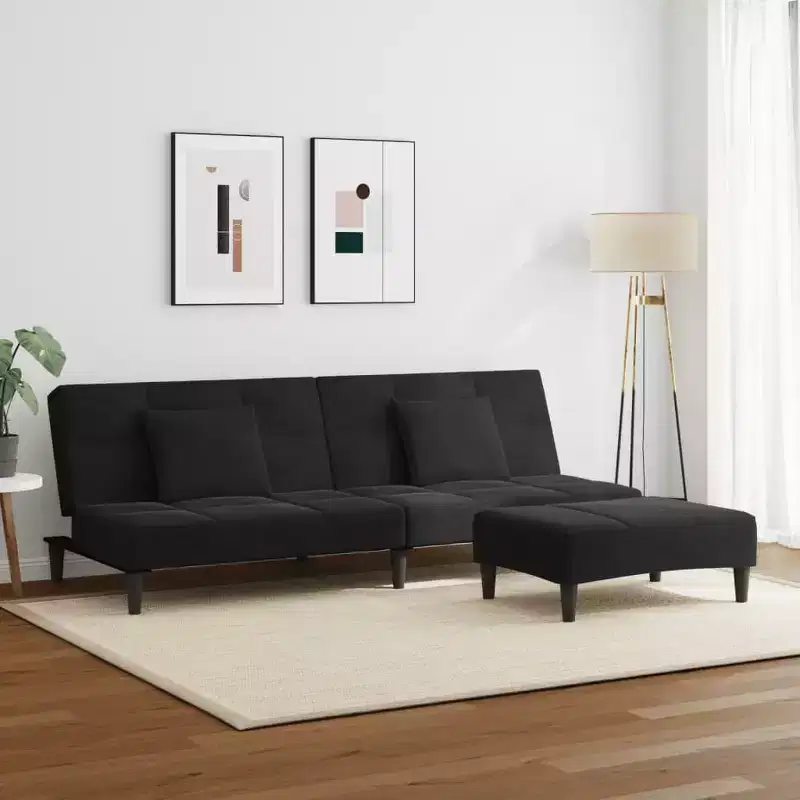 2-Seater Sofa Bed with Footstool Black Velvet - Convertible Sleeper Couch for Living Room/Office