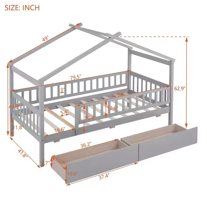 Twin Size House Bed Frame with Two Drawers & Guardrails, Wooden Kids Platform Bed, Gray