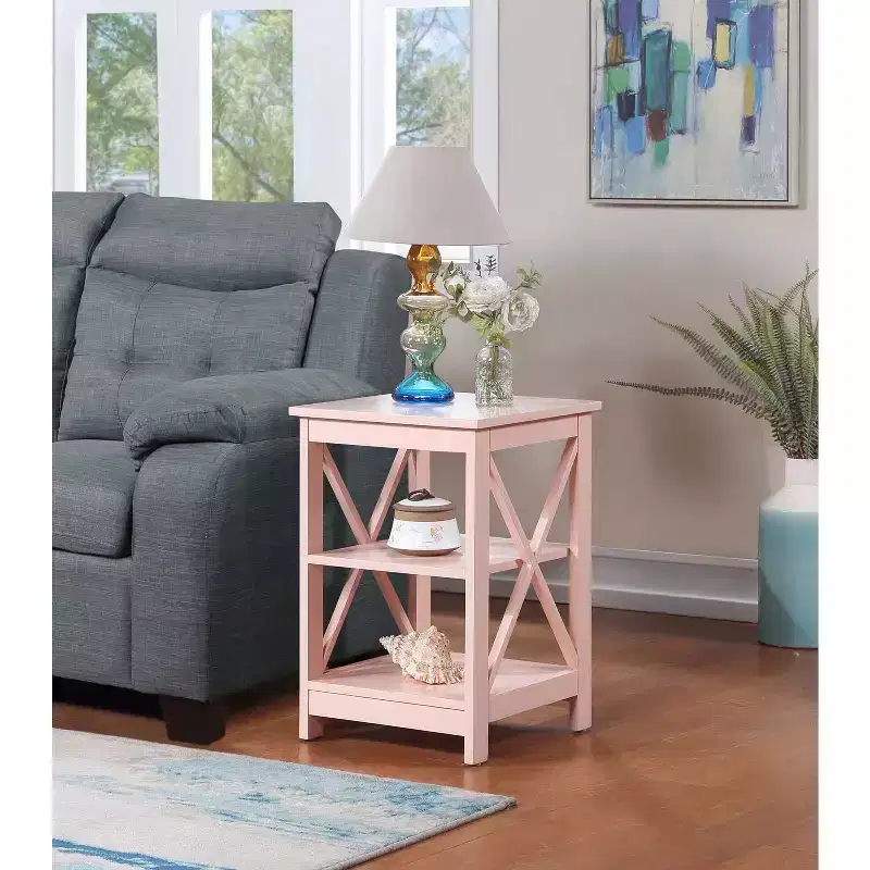 HomeStock Belmont End Table with Spacious Three Open Shelves and Decorative X Frame Panels, Stylish Storage Side Table for Living Room Dcor