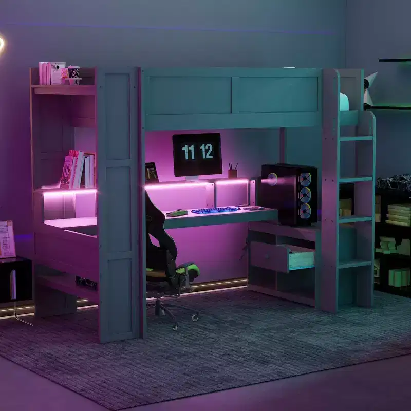 Wood Gaming Loft Bed with Desk, Multi-Storage Shelves, LED & Charging Station