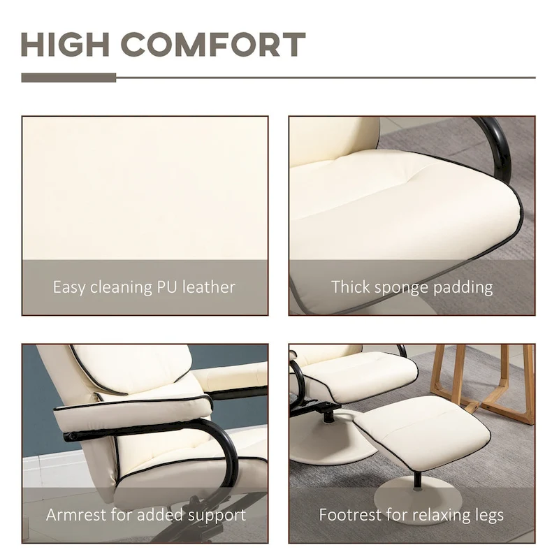 HOMCOM Recliner Chair with Ottoman, Swivel PU Leather High Back Armchair w/ Footrest Stool, 135 Adjustable Backrest