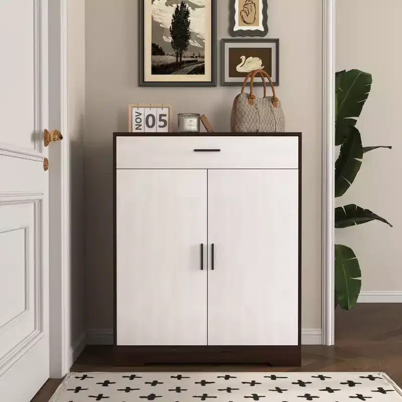 Shoe Cabinet, 4-Tier Rack with 1 Drawer, Freestanding Wooden Storage with 2 White Doors & Adjustable Shelves for Entryway/Hallway