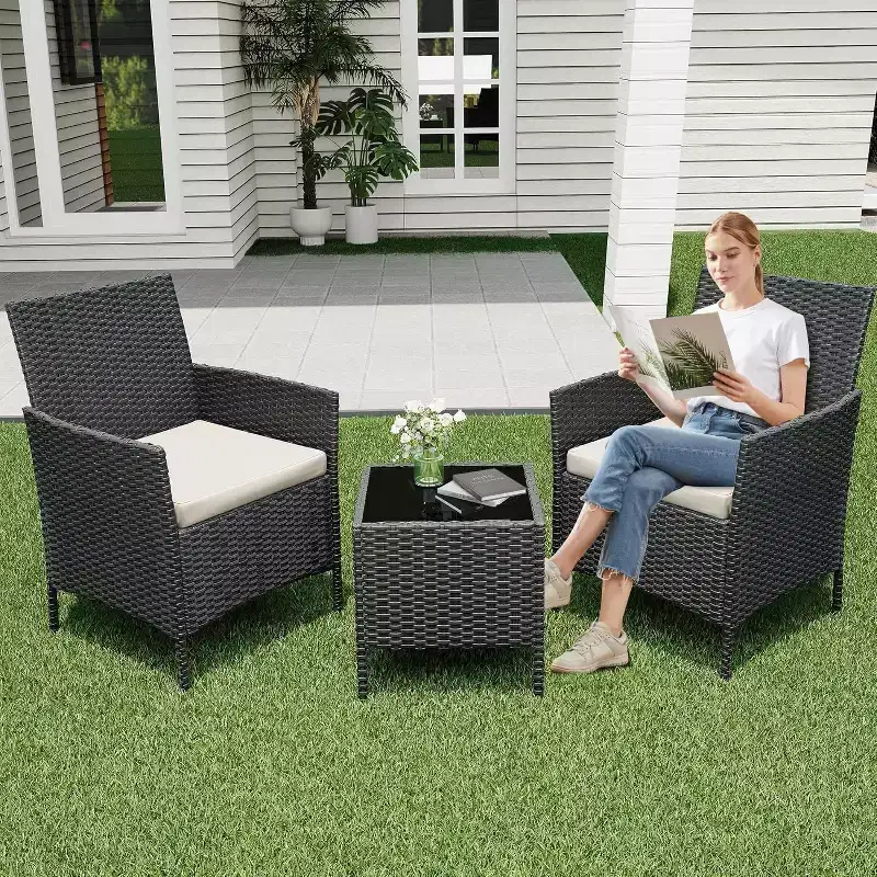 3-Piece Outdoor Patio Furniture Set, Modern Rattan Chair Conversation Set with Coffee Table for Garden, All-Weather Wicker & Steel Frame