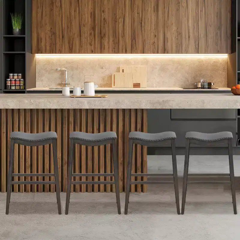 Costway Set of 4 Saddle Bar Stools Bar Height Kitchen Chairs w/ Rubber Wood Legs