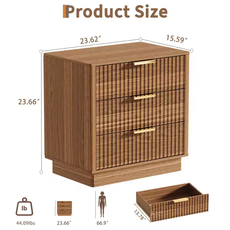 3-Drawer Fluted Wood Nightstand, 23.6 Wide Mid-Century Modern Bedside Table, Storage End Side Table w/ Metal Handles for Bedroom & Living Room