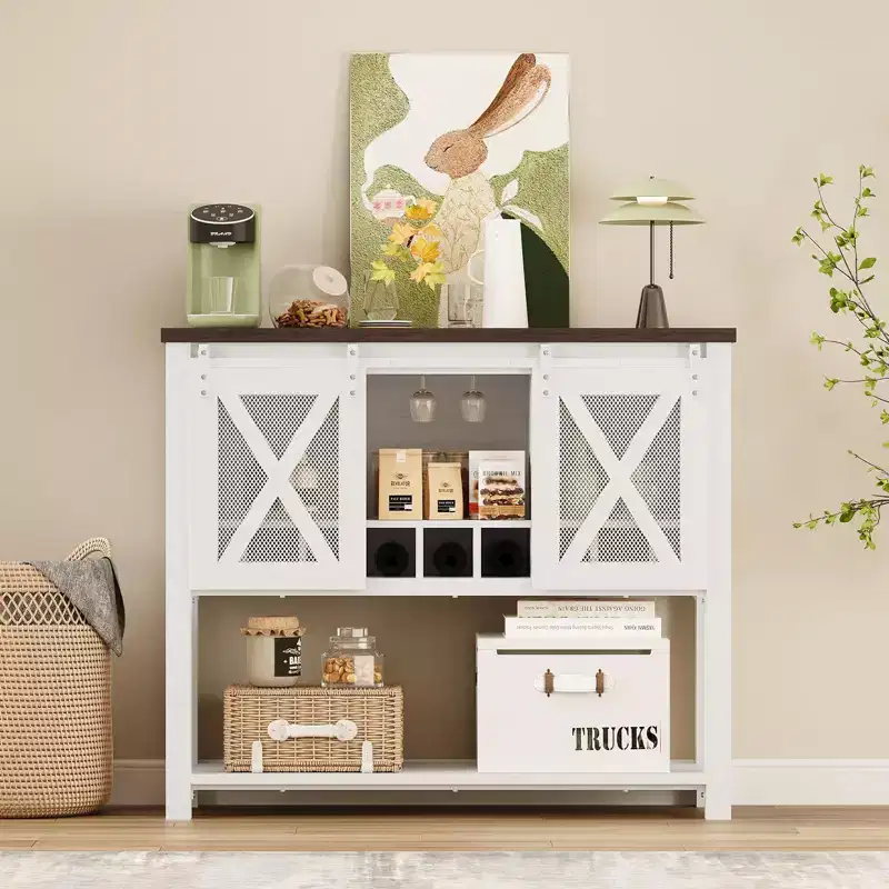 Farmhouse Coffee Bar Cabinet with Sliding Barn Doors, Wine Racks & Open Storage Shelf
