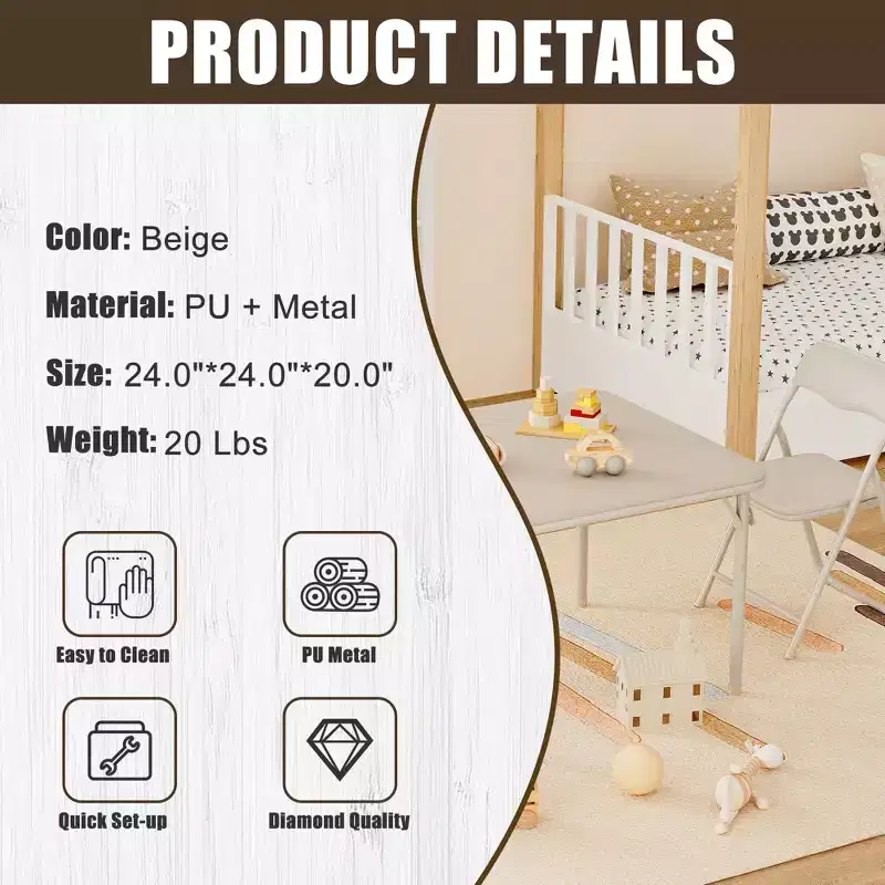 Folding Table and Chairs Set of 3  Portable Soft PU Cushion Seats, No Assembly Needed, Perfect for Eating, Reading and Play