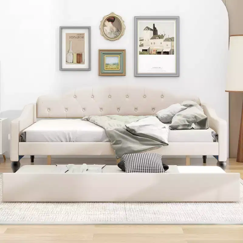 Beige Full Size Button-Tufted Upholstered Daybed, Single