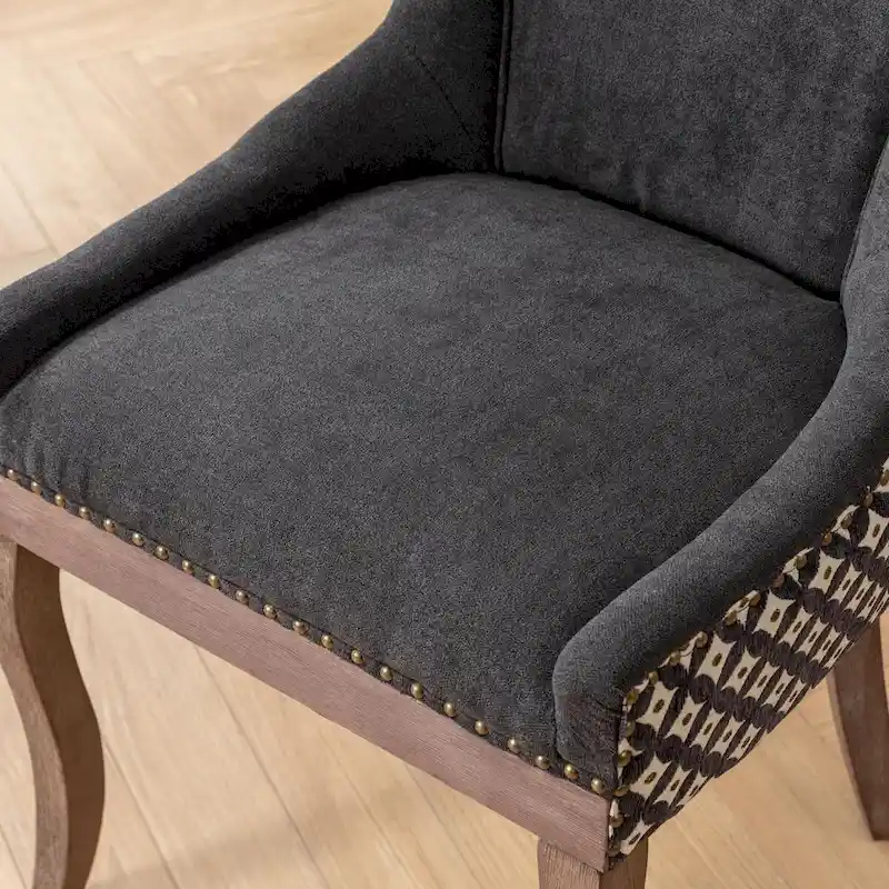 Ultra Side Dining Chair, Thickened fabric chairs with neutrally toned solid wood legs, Bronze nail head, Set of 2