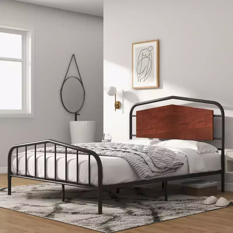 Full Size Bed Frame with Wooden Headboard and Footboard, Heavy Duty Platform Bed with Under-Bed Storage, Solid Metal Construction, Easy Assembly
