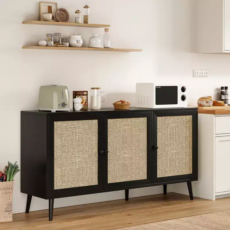 Modern Black Sideboard with 3 Rattan Doors – 59