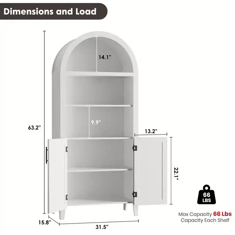 Arched Bookcase with Doors and Rattan Panels, 5 Tier Storage Cabinet with Adjustable Shelf for Living Room or Office