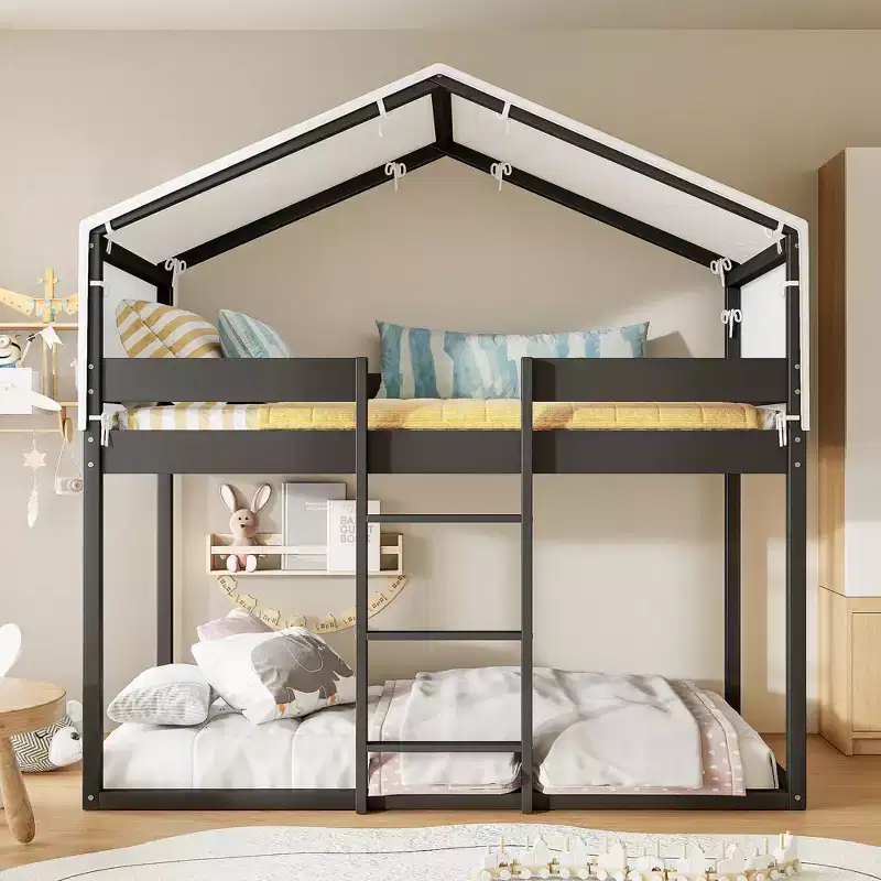 Bellemave Twin Over Twin House Bunk Bed with Ladder, Tent and Guardrails, Black