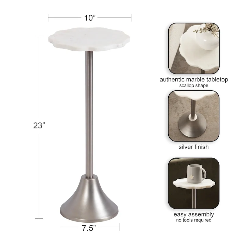 Scalloped Marble & Metal Drink Side Table, Modern Glam Accent Table