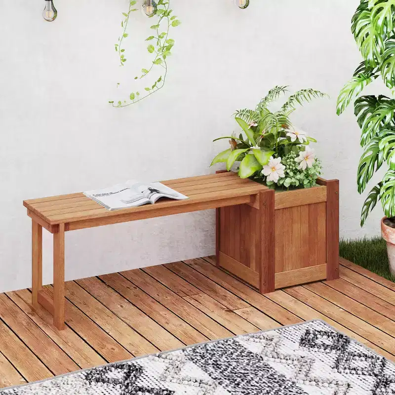 Costway 1/2 PCS Hardwood Flower Box with Bench Spacious Seat Open-ended Bottom Perfect for Herbs