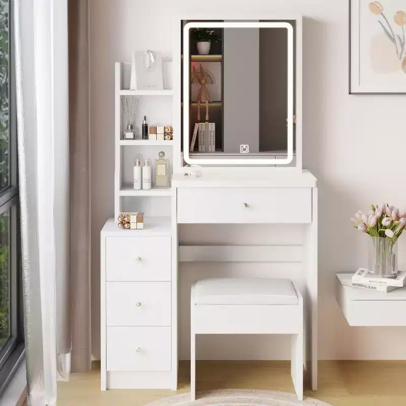 Simple Assembly Vanity Set with Stool, Assembly Video, Guide, Over 30-Piece Kit for Bedroom Makeup Area and Daily Home Outfits