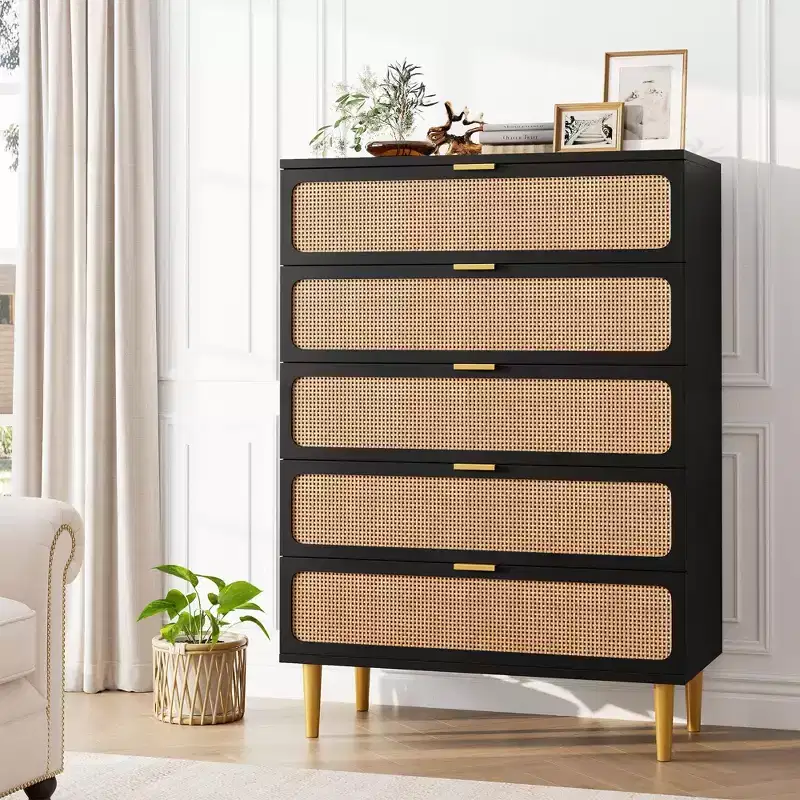 Rattan 5/6 Drawer Dresser for Bedroom, Large Double Dresser with Deep Drawers, Chest of Drawers for Closet with Wide Top