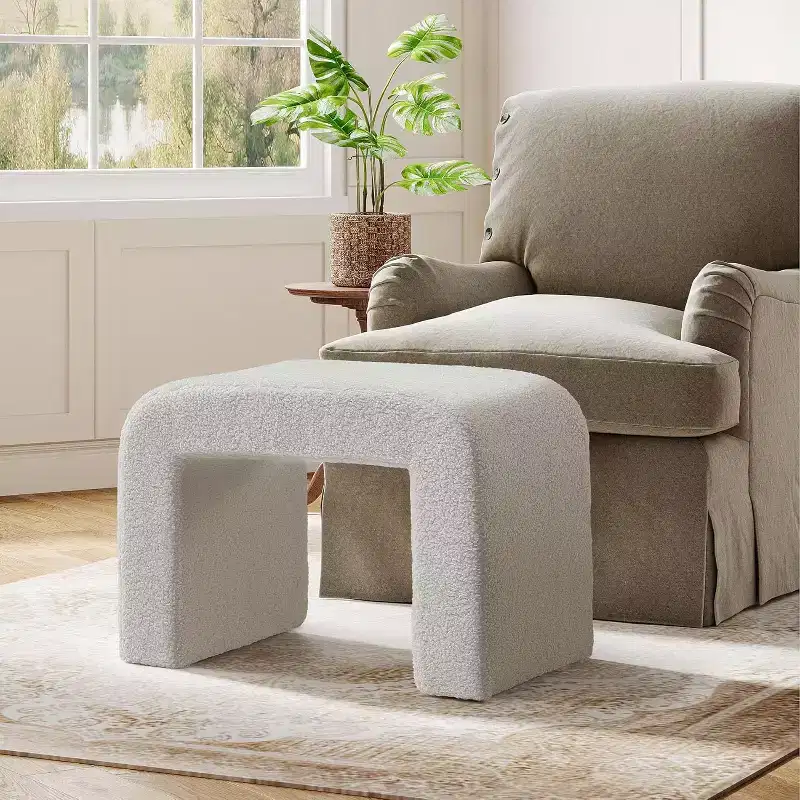 Lantine Modern Vanity Stool, Upholstered Ottoman, Arched Sofa Footrest for Living Room, Shoe Stool for Entryway, Fully Assembled