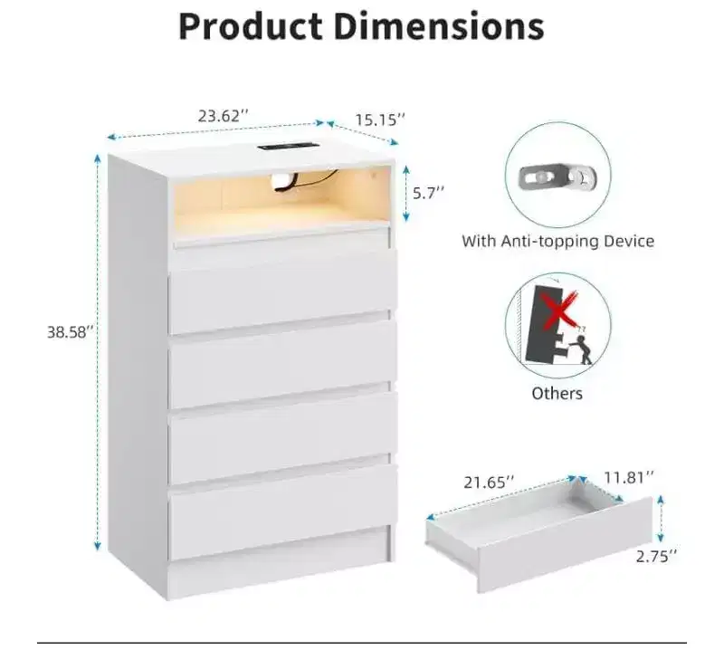 4 Drawer Storage Cabinet with LED Light and Charging Station, White Modern Dresser, Utility Storage Cabinet for Bedroom and Living Room