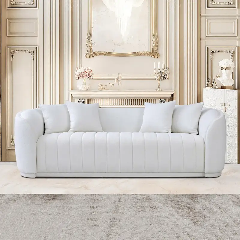 Mid Century Modern Luxury Tight Back Boucle Couch in White