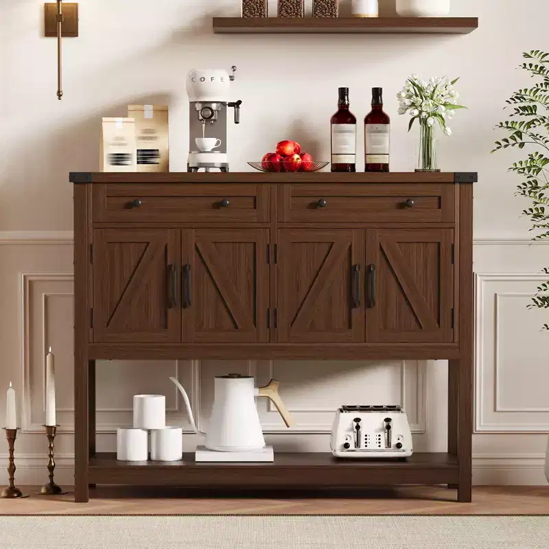 47.2 Farmhouse Console Table, with 2 Drawers, 4-Door and Open Shelf, Coffee Bar Cabinet, Narrow Buffet Sideboard for Kitchen, Hallway, Living Room
