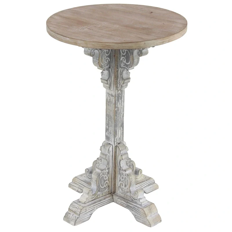 Wood Scroll Intricately Carved Accent or End Table with Brown Wood Top - Gray, White, Cream - Roche River Decor