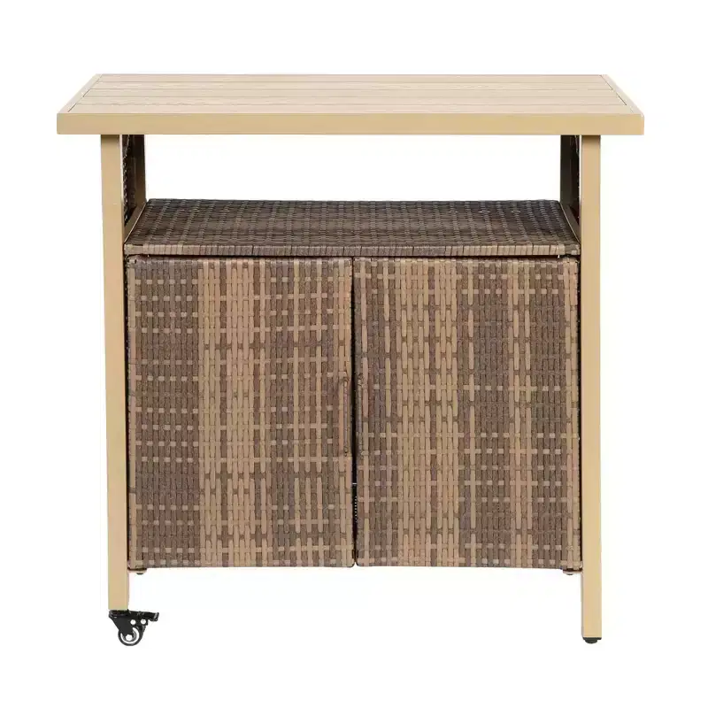 NAYSAYE Bar Serving Cart Outdoor Wicker Wine and Beverage Counter with Plastic Wood Top for Patio , Beige, 35.43*19.69*35.43
