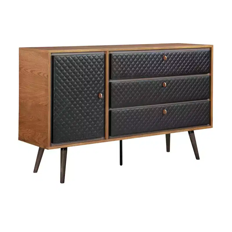 Coco Dresser Rustic Oak/Brown - Armen Living: Modern Storage, Faux Leather Detail, Soft Close
